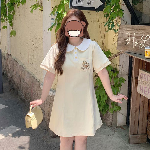 LT STUDIO辣条大码女装 青柠刺绣娃娃领连衣裙收腰显瘦胖mm休闲裙