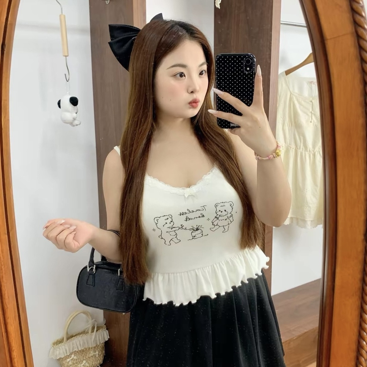 辣条大码女装 软妹芭蕾印花小熊内搭外穿高级感绝美吊带上衣女