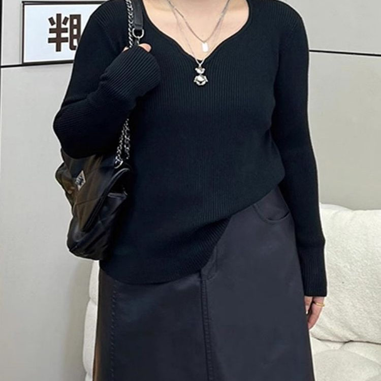 300斤胖mm遮肚显瘦v领长袖针织打底衫女秋冬新款减龄内搭长袖T恤