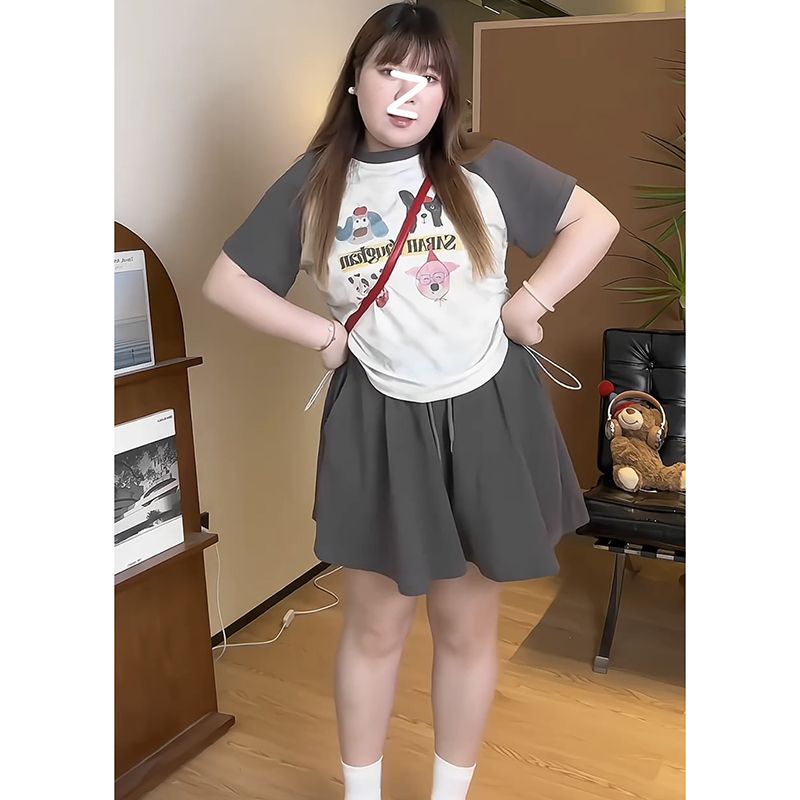 洋气两件套女200斤大码女装胖mm短袖+阔腿短裤裙显瘦休闲套装夏季