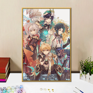 原神风系男孩数字油画diy填色画散兵万叶魈温迪手工礼物房间装饰