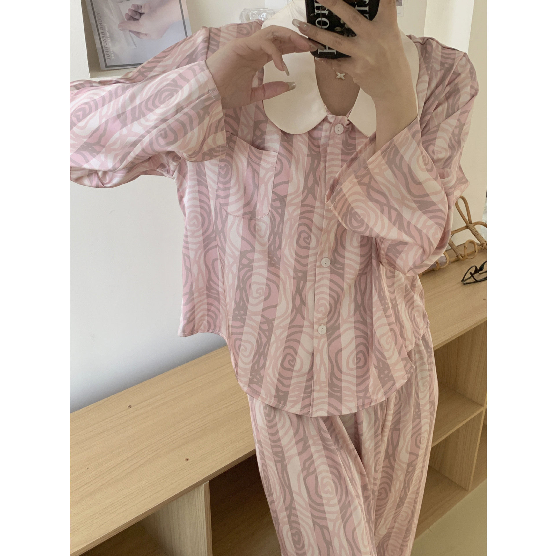 韩版娃娃领长袖冰雪丝短款高级感睡衣/家居服套装