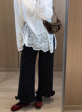 韩国东大门秋季新款波点花边裤高腰点点呢子休闲裤毛呢水玉点长裤