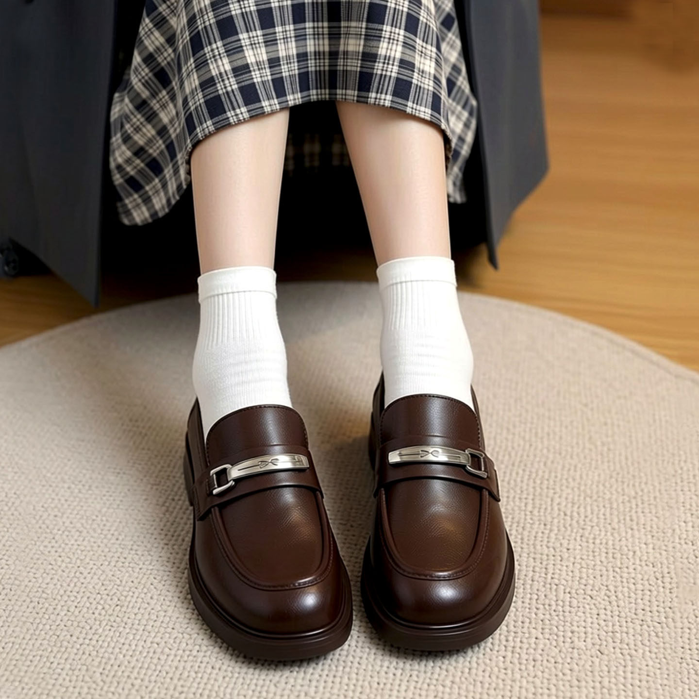 轻奢头层牛皮时装单鞋女2026新款英伦风舒适中跟粗跟乐福鞋小皮鞋,女鞋,乐福鞋（豆豆鞋）,淘宝优惠券,粉丝福利购,淘宝优惠卷