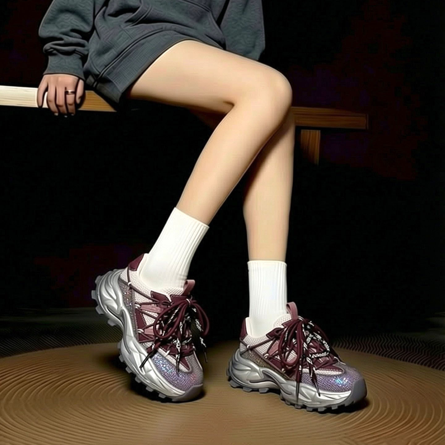 高端真皮网面老爹鞋女2026春夏季透气炫酷水钻拼色厚底运动休闲鞋