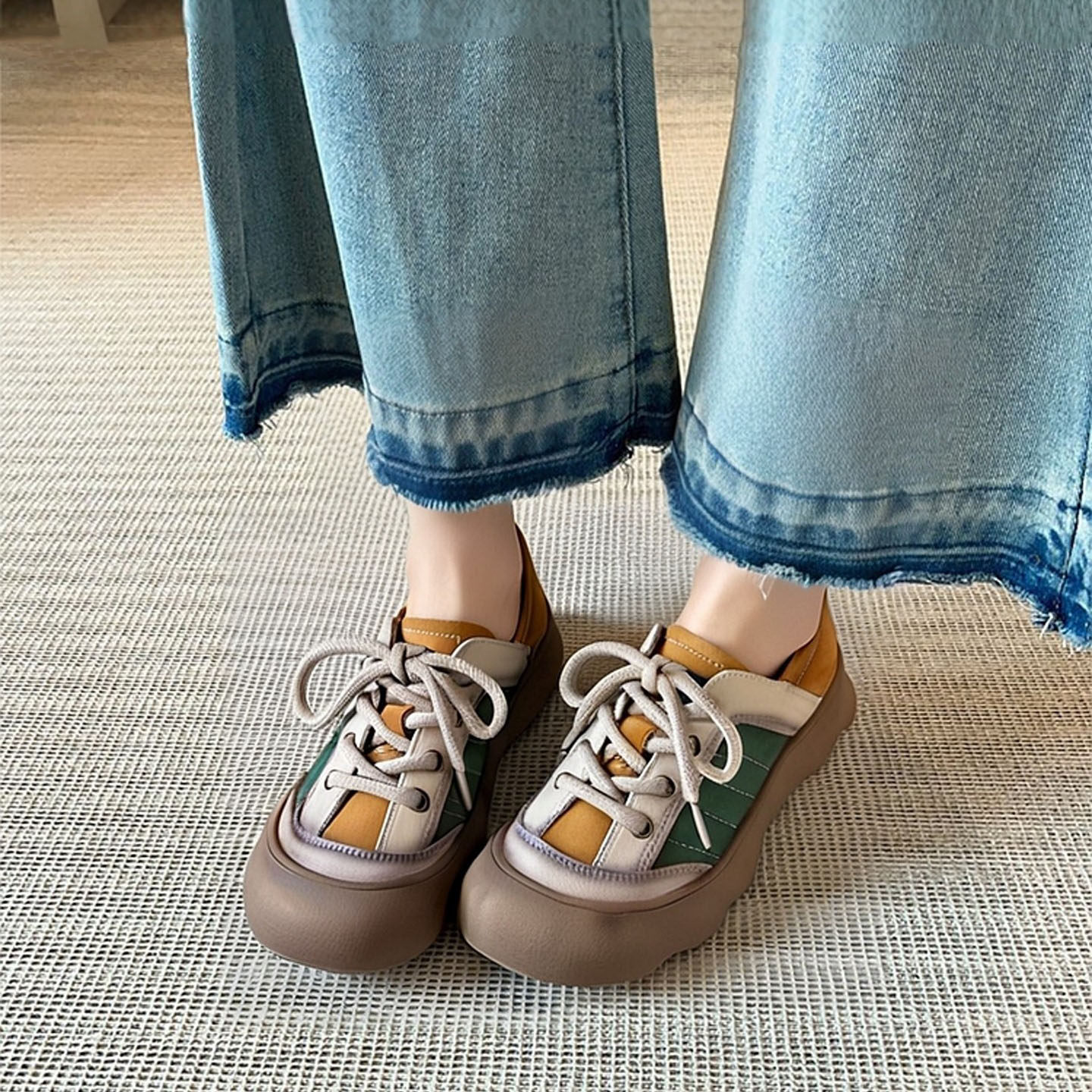 高端头层牛皮休闲鞋女2026新款系带个性复古拼色厚底板鞋两穿单鞋,女鞋,休闲板鞋,淘宝优惠券,粉丝福利购,淘宝优惠卷