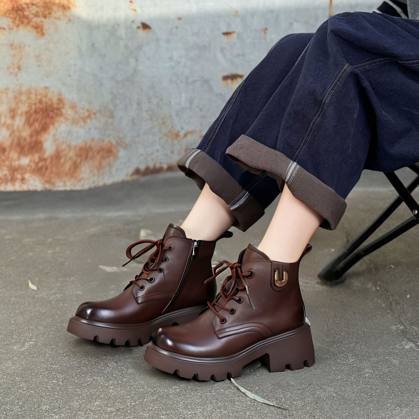 原创手工头层牛皮时尚高跟马丁靴