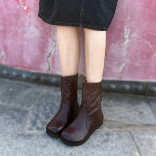 轻奢高端抓纹头层牛皮两穿靴子女秋冬文艺复古软底平底中筒靴棉靴