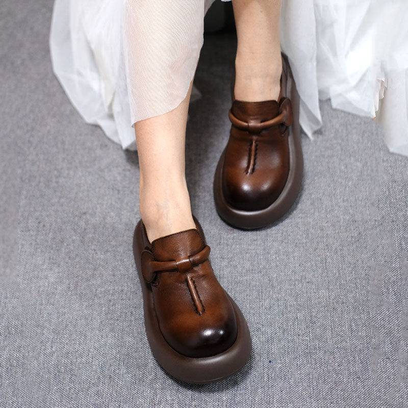 小婉轻奢高端品质头层牛皮单鞋女春季新款大圆头休闲复古厚底皮鞋,女鞋,深口单鞋,淘宝优惠券,粉丝福利购,淘宝优惠卷