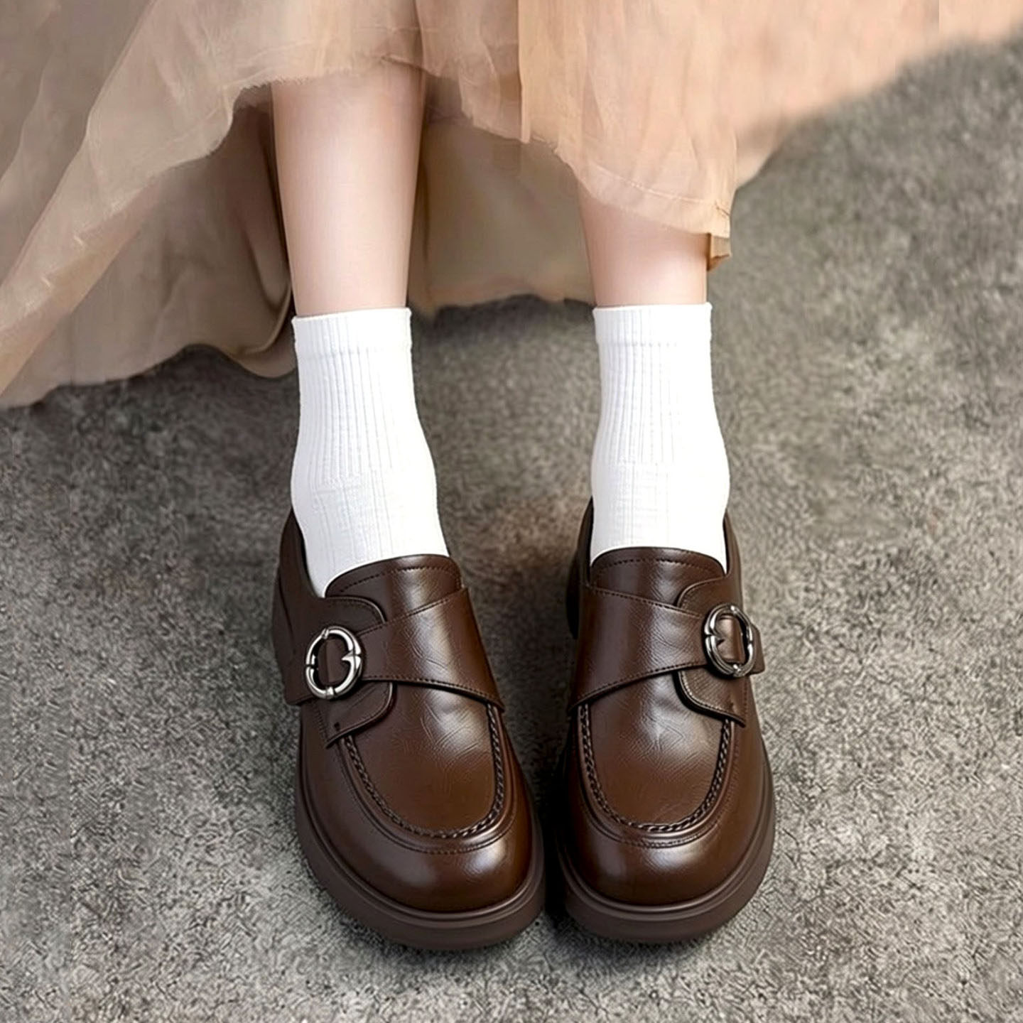 高端头层牛皮复古小皮鞋女2026新款皮带扣休闲中跟粗跟乐福鞋单鞋,女鞋,乐福鞋（豆豆鞋）,淘宝优惠券,粉丝福利购,淘宝优惠卷