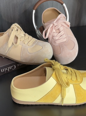 真皮勃肯半拖鞋懒人一脚蹬厚底黄色包头拖鞋女外穿增高勃肯鞋女鞋