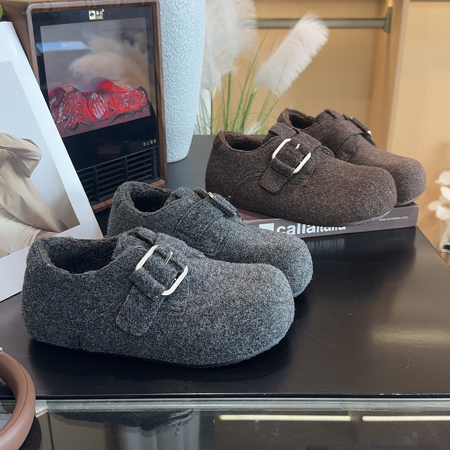灰色毛呢加绒加厚毛绒勃肯鞋棉鞋