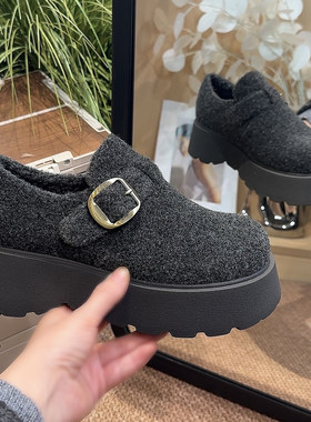 6cm灰色毛呢厚底增高勃肯鞋女2025冬季新款毛绒勃肯乐福棉鞋女鞋