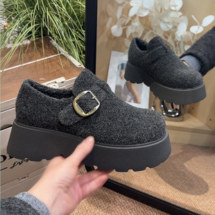 女鞋 6cm灰色毛呢厚底增高勃肯鞋 毛绒勃肯乐福棉鞋 新款 女2025冬季