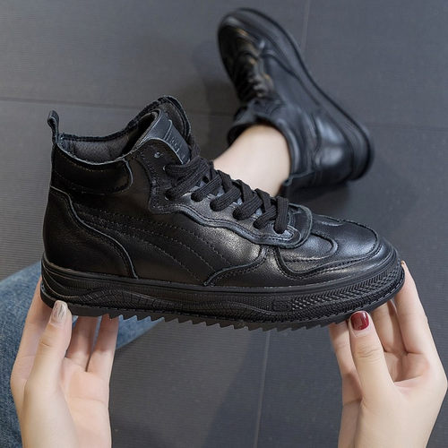 高帮百搭秋冬新款加绒牛皮小黑鞋
