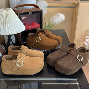 牛皮内增高厚底勃肯鞋2026冬季新款丑萌大头绝美全包真皮博肯鞋女