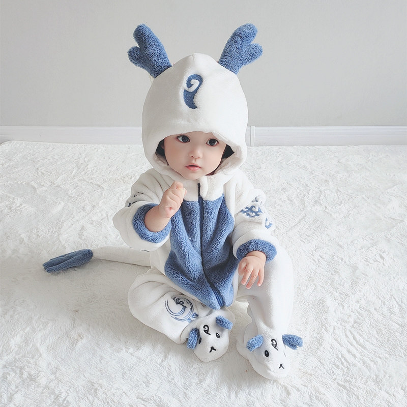 BABY ONESIES PAJAMAS AUTUMN AND WINTER FLANNEL WINTER CLOTHES BABY DINOSAURS OUTING CLOTHES CUTE CHILDRENS LOUNGEWEAR