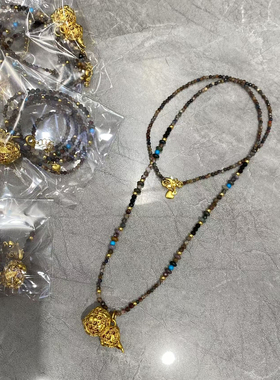 复古风天然彩石沙金镂空葫芦项链小众高级轻奢气质中长款毛衣链潮