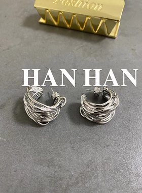 欧美复古高级感镂空金属重工绕线C形圈耳环潮人小众百搭洋气耳饰