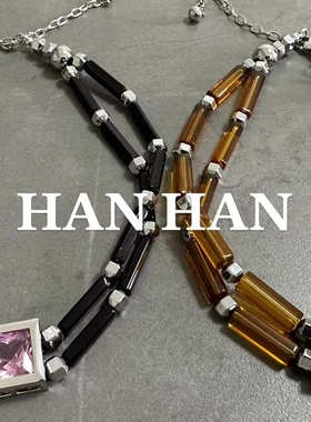 欧美黑色竹节项链女轻奢小众设计高级感颈链方形锆石气质锁骨链潮