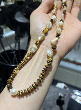 法式复古虎眼石拼接天然贝壳项链百搭个性轻奢小众高级感锁骨链潮