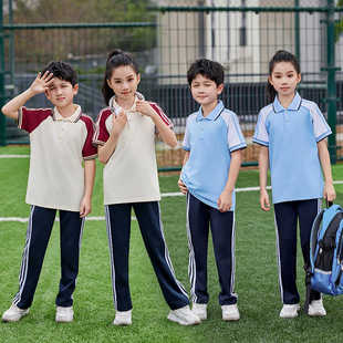 夏季新款蓝白校服中学生学院风POLO衫翻领大童班服短袖T恤长裤子