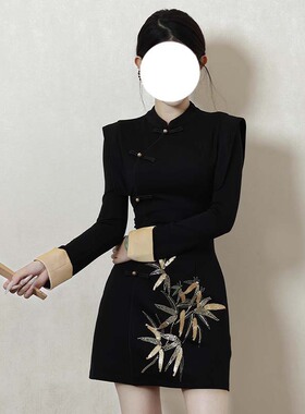 黑色新中式国风改良旗袍连衣裙女秋季短裙亮片设计感高端礼服裙子