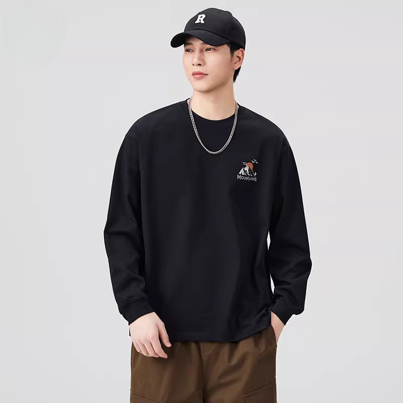 Blaze/重磅纯棉男式美式圆领长袖T恤趣味刺绣休闲套头