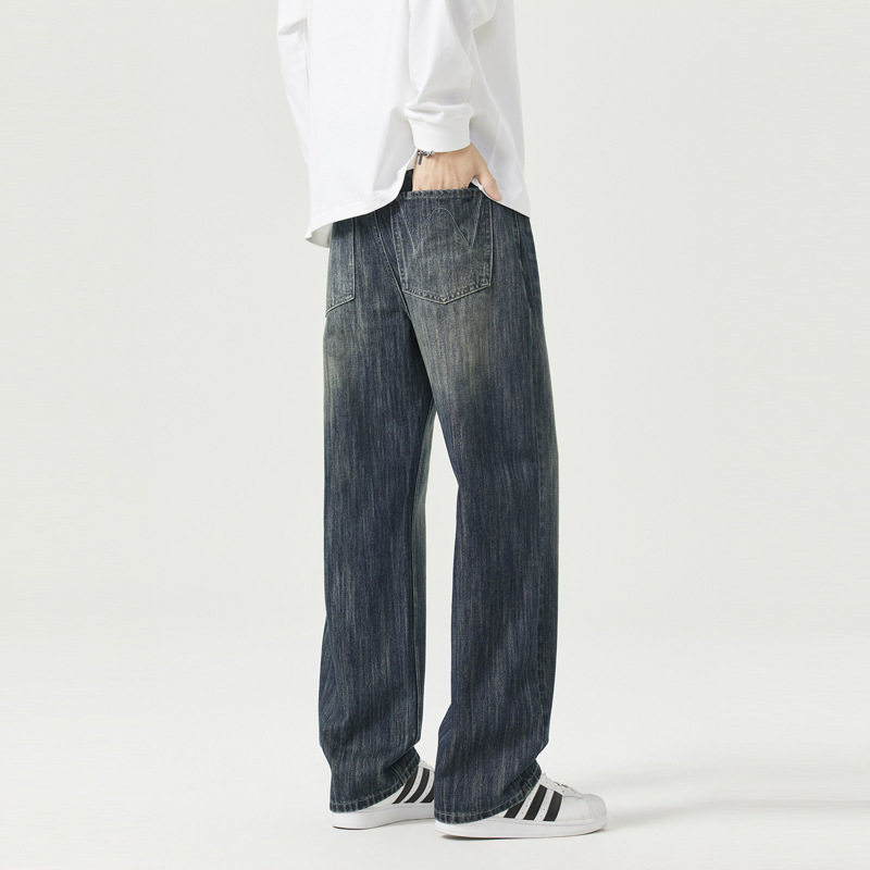 Blaze/2025秋冬复古竹节纹宽松直筒蓝牛仔裤男高街百搭