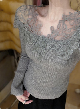 纯欲风V领蕾丝拼接打底上衣女春装秋冬内搭长袖修身辣妹针织毛衣