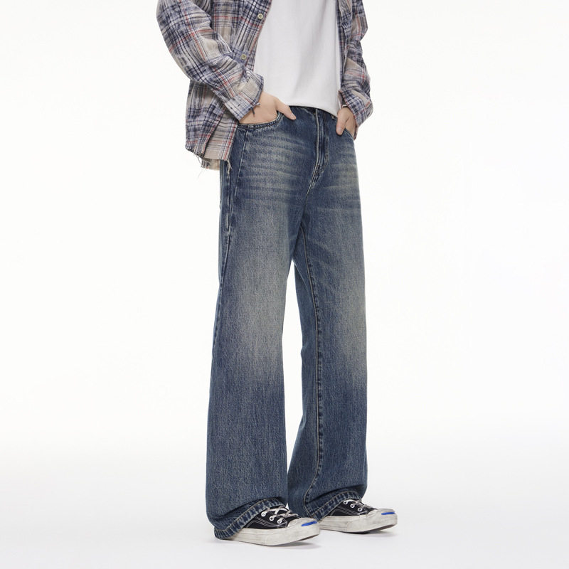 做旧复古美式牛仔裤男秋季新款宽松微喇直筒潮牌