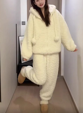 加绒加厚连帽家居服套装女2026冬季新款软和保暖可外穿睡衣两件套