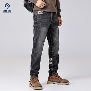 男装 /秋季新款刮烂破洞牛仔裤男小脚修身微锥痞帅补丁乞丐裤