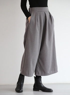 秋冬新款裙裤宽松阔腿裤九分裤毛呢松紧腰宽腿裤