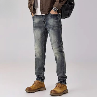 男装 /秋季新款刮烂破洞牛仔裤男小脚修身微锥痞帅补丁乞丐裤