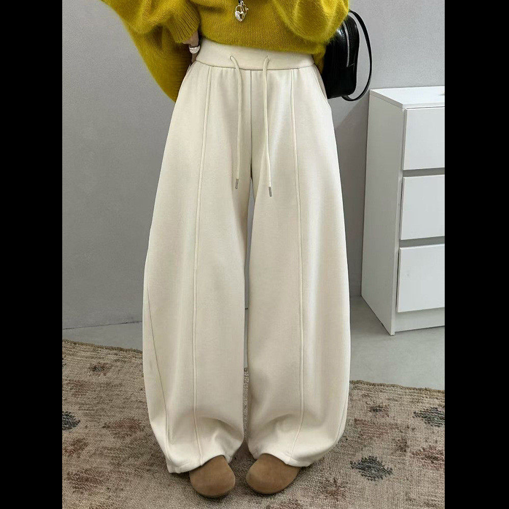 高腰抽绳加绒加厚阔腿休闲裤女2026冬新款韩版宽松弯刀裤运动卫裤