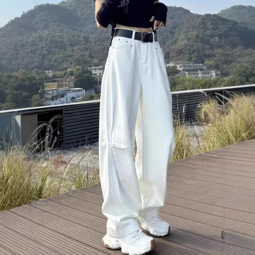 浅蓝色镰刀设计牛仔裤女2026春季新款宽松显瘦弯刀褶皱阔腿长裤子