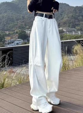 浅蓝色镰刀设计牛仔裤女2026春季新款宽松显瘦弯刀褶皱阔腿长裤子