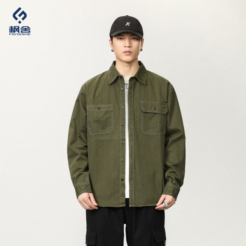 男装 /美式重磅复古纯棉衬衫男秋冬工装衬衣长袖宽松休闲外套