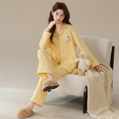 秋季新款A类抑菌拉架纯棉睡衣女开衫长袖松大码慵懒风家居服套装