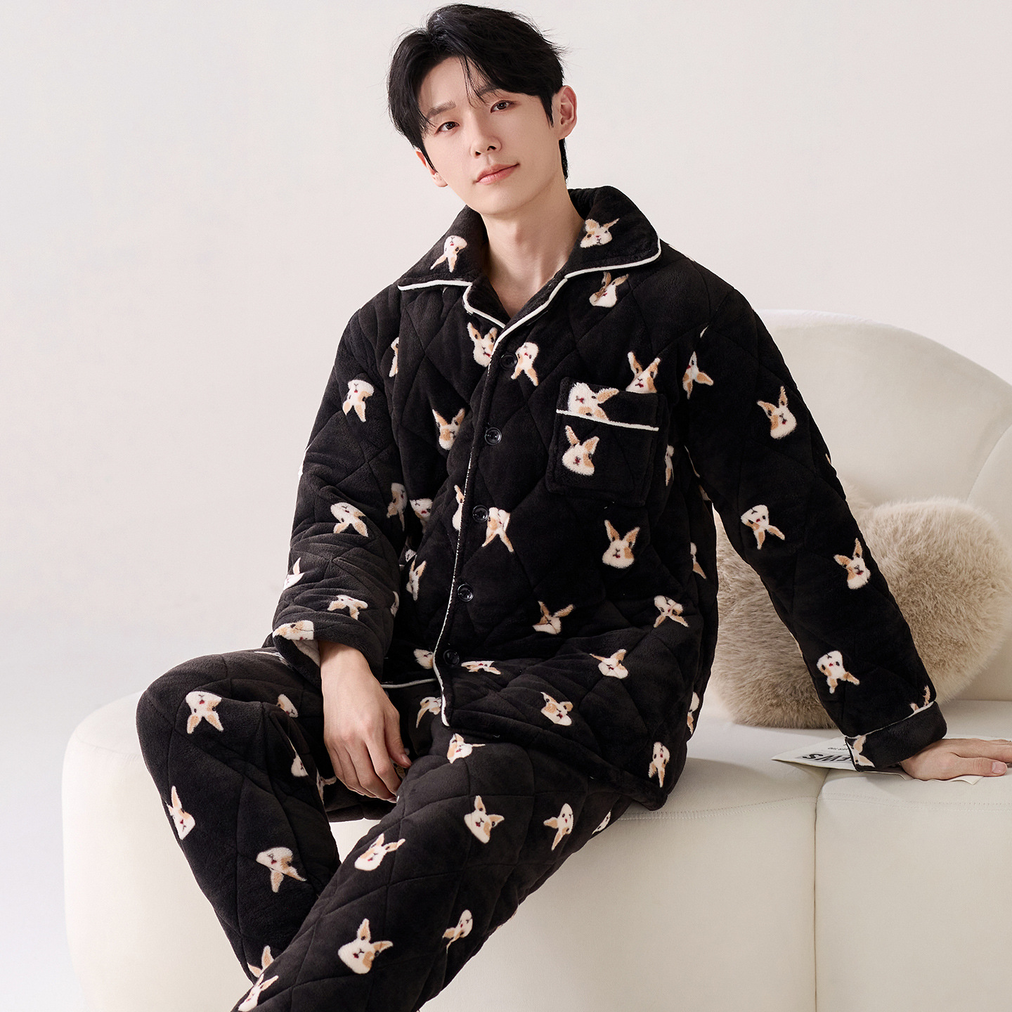 冬季保暖法兰绒夹棉男士睡衣冬款三层加厚卡通家居服加绒防寒套装