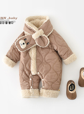 宝宝秋冬连体衣儿童绗棉外穿毛毛拼接婴儿加绒加厚送围巾55649