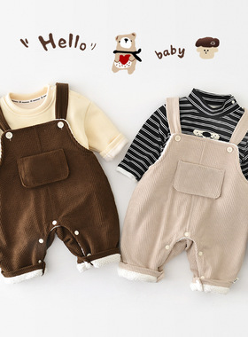 婴儿秋冬新款加绒背带裤连体衣宝宝加厚可开档裤子冬装外穿55513