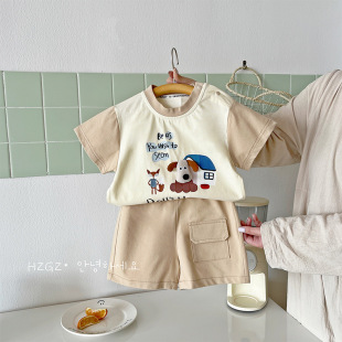 婴儿夏天衣服男宝宝夏季套装卡通小狗婴幼儿休闲两件套纯棉短裤