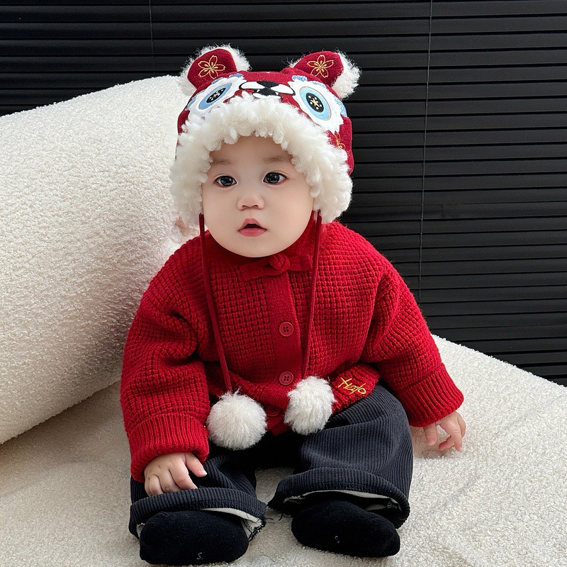 宝宝秋冬针织衫帅气婴儿红色喜庆过年毛衣洋气男女童冬装新年开衫