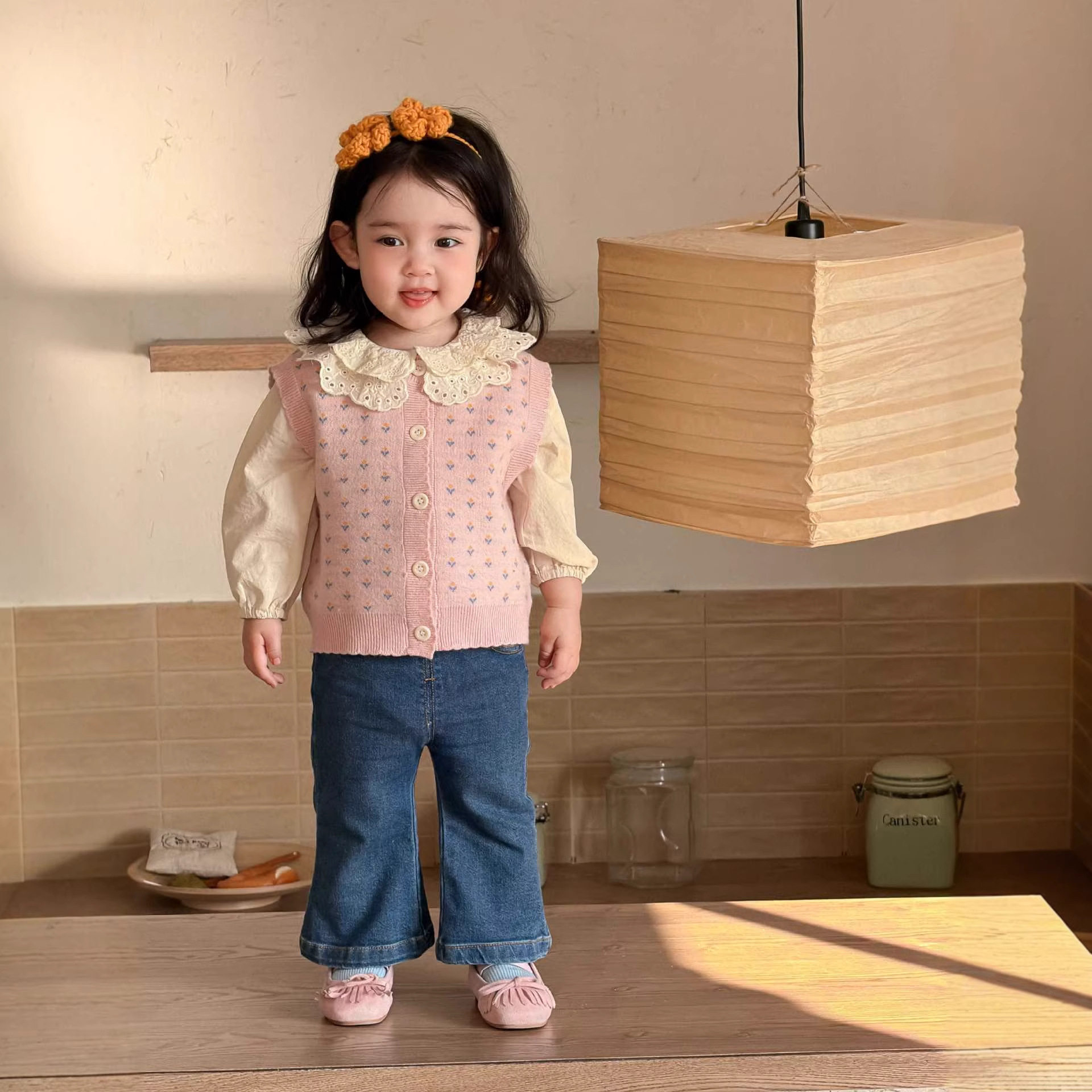 女童针织马甲2026新款韩版童装儿童春季衣服宝宝衬衫牛仔裤套装春