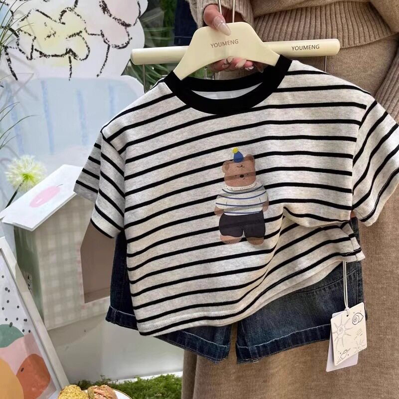 儿童新款夏装棉质条纹短袖T恤男女童可爱小熊印花半袖衫圆领上衣