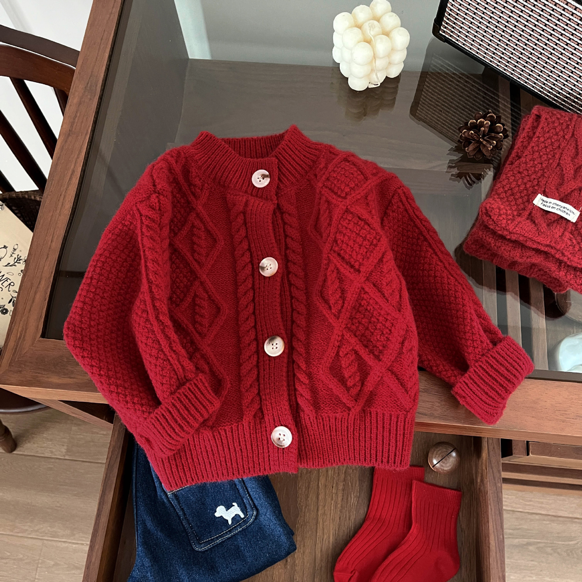 韩国秋冬童装儿童宝宝新年款麻花针织开衫冬季男女童拜年红色毛衣