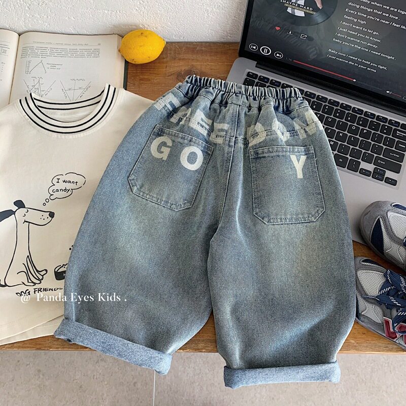 SS品牌童装帅气男孩裤子2026男童印花牛仔裤儿童直筒裤女童秋款