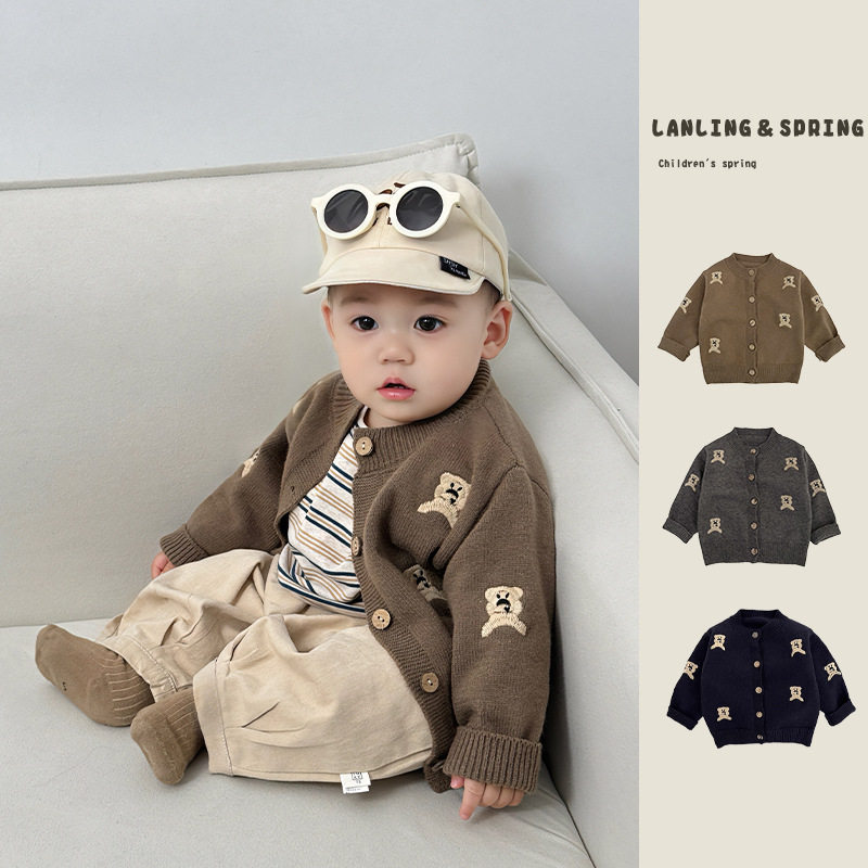 韩国男女童针织衫外套宝宝2026春装新款儿童韩版卡通小熊毛衣开衫